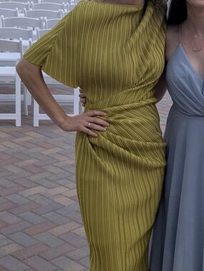 MABLE Asymmetrical Chartreuse Pleated Midi Dress